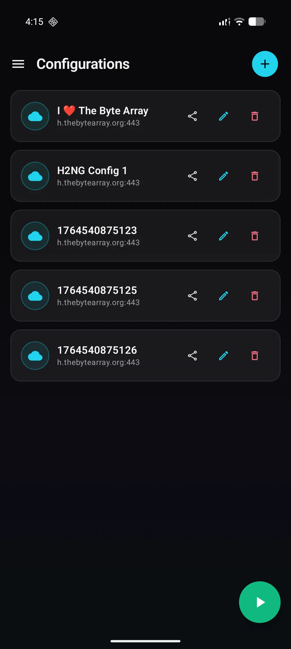 List of saved configurations