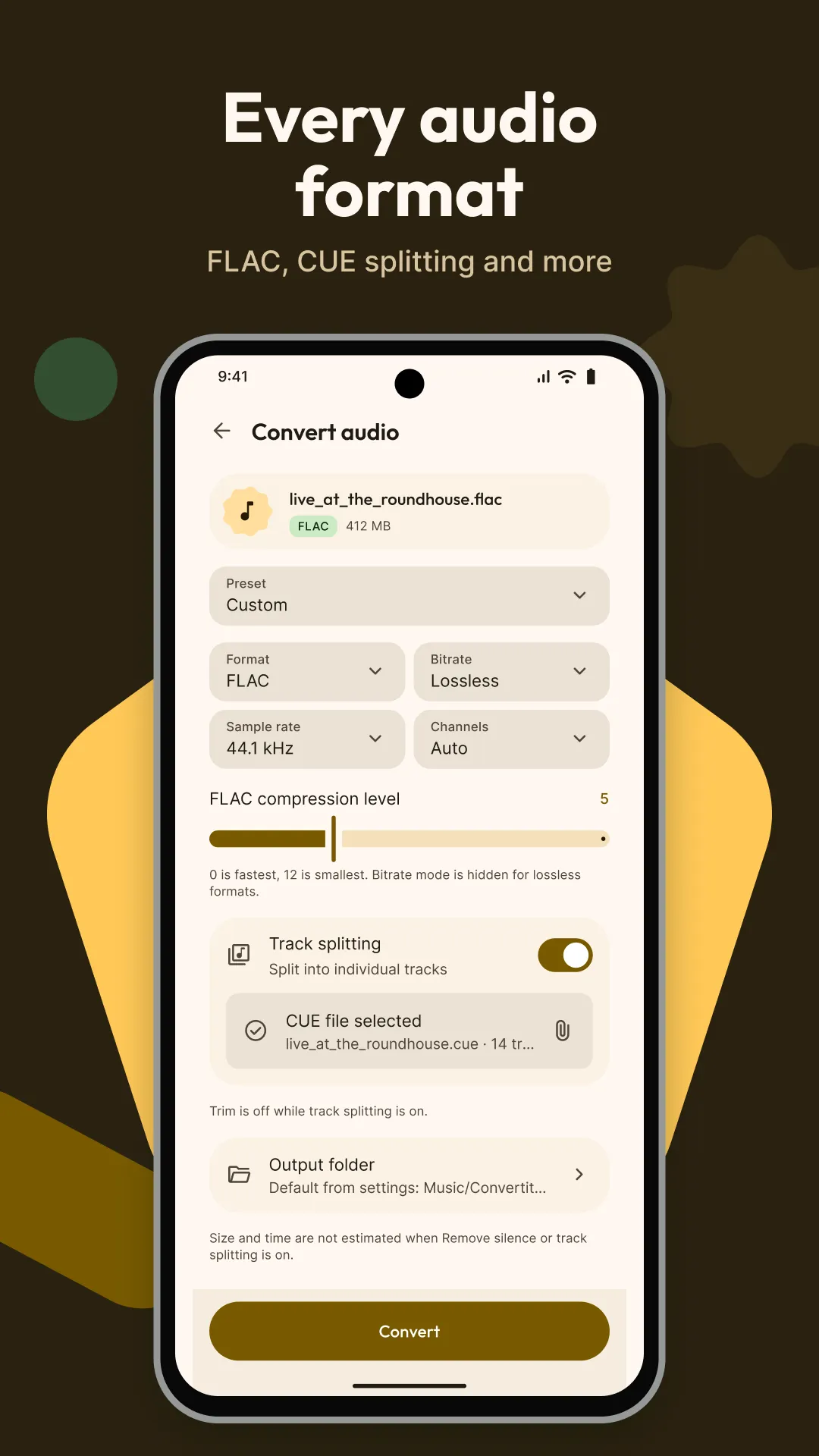 Convert audio to FLAC, with CUE track splitting and a compression level slider