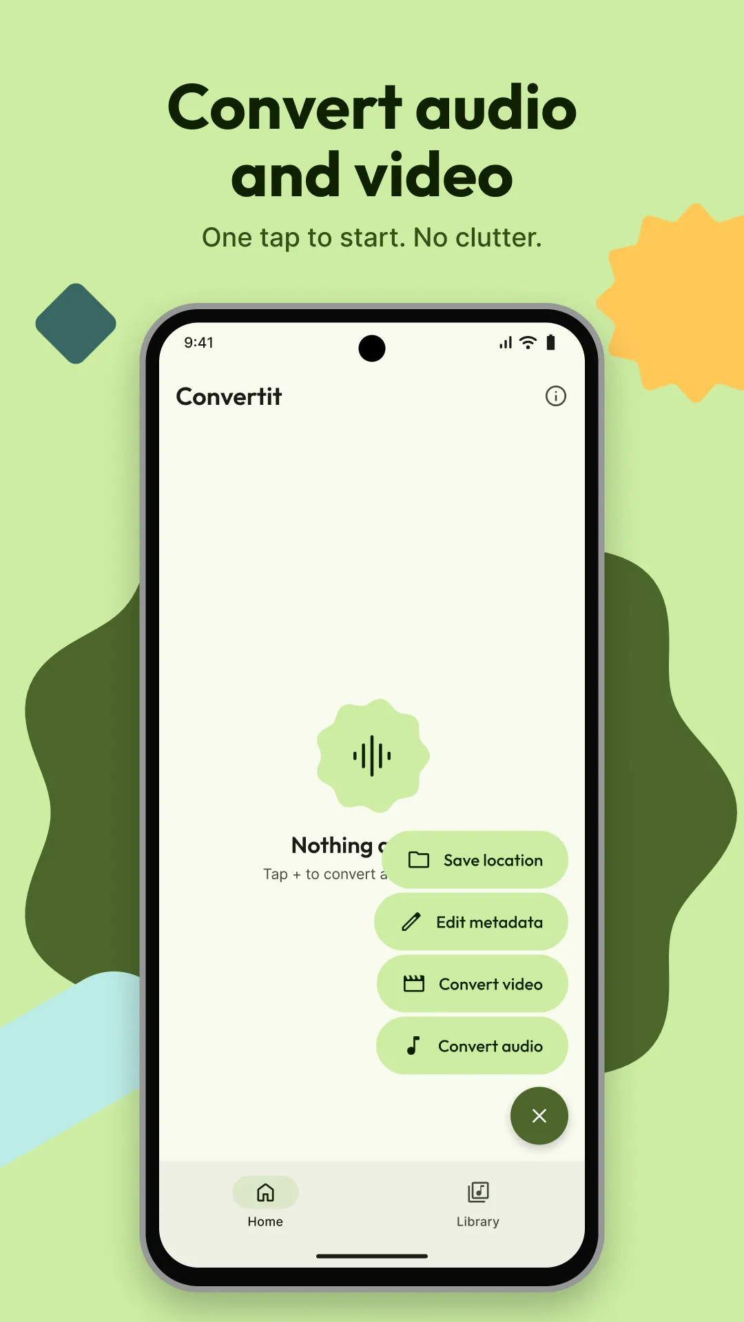 Convert audio and video: one tap to start, no clutter