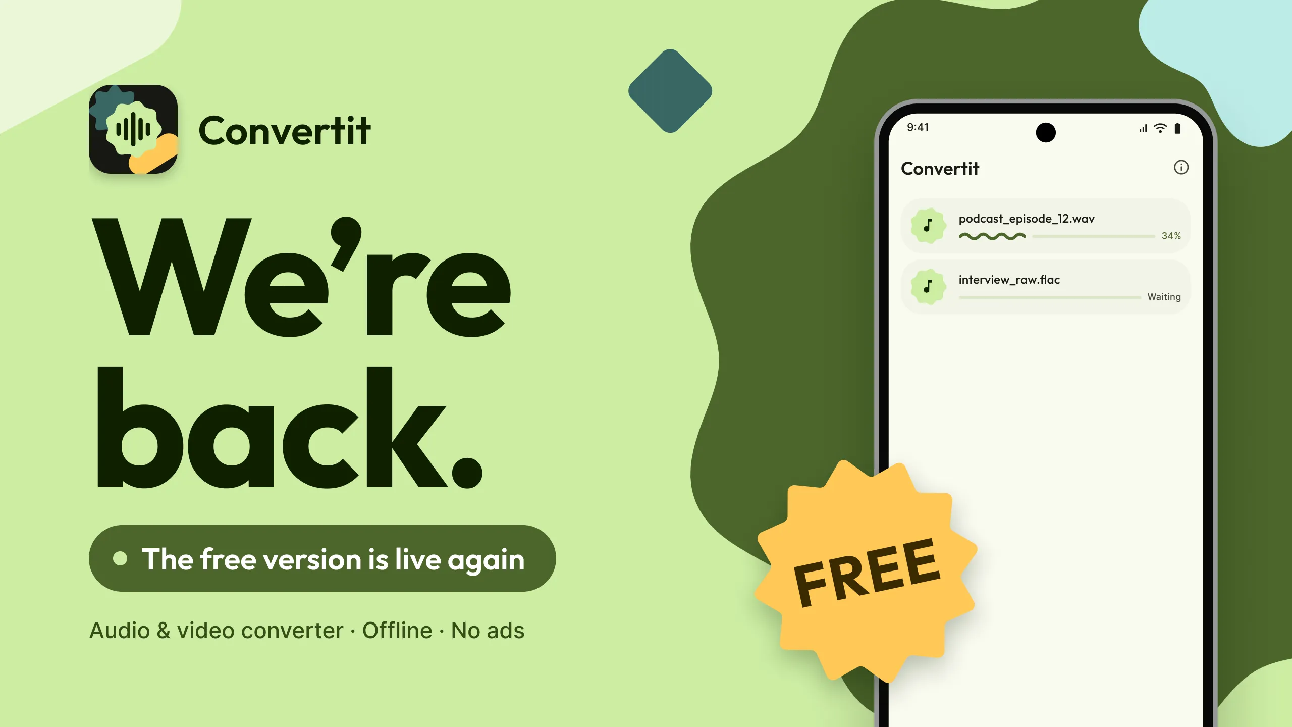 Convertit: we’re back. The free version is live again. Audio and video converter, offline, no ads.