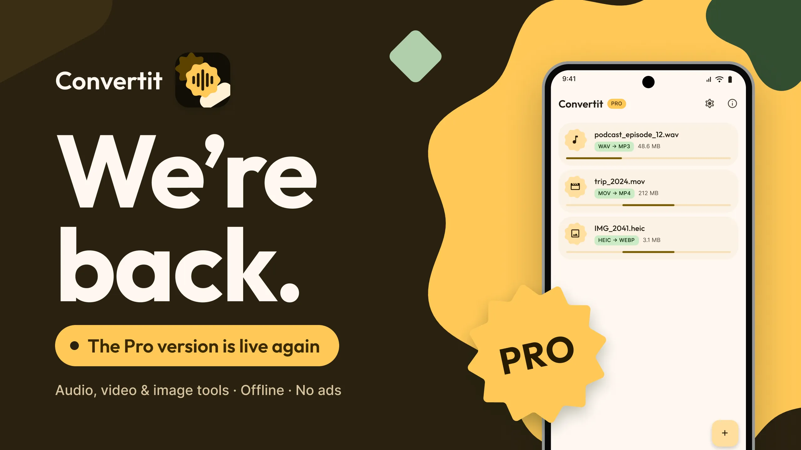 Convertit: we’re back. The Pro version is live again. Audio, video and image tools, offline, no ads.