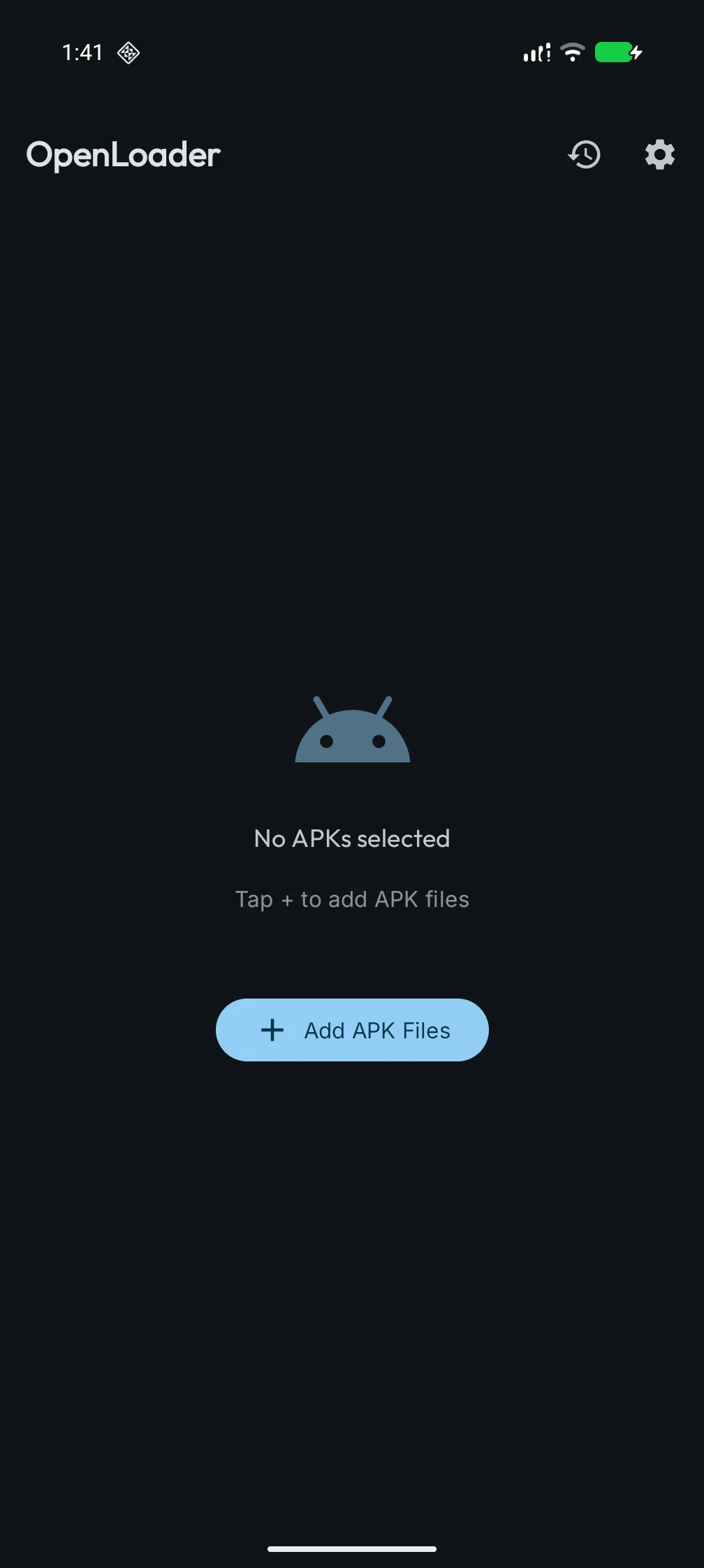 OpenLoader home screen, ready to add APK files