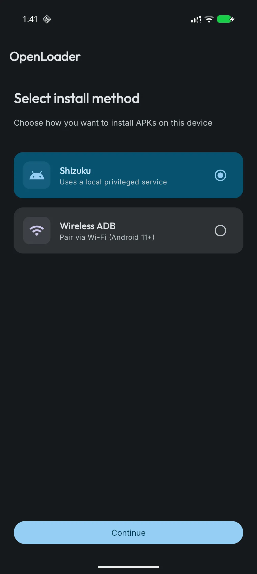 Choosing an install method: Shizuku or wireless ADB