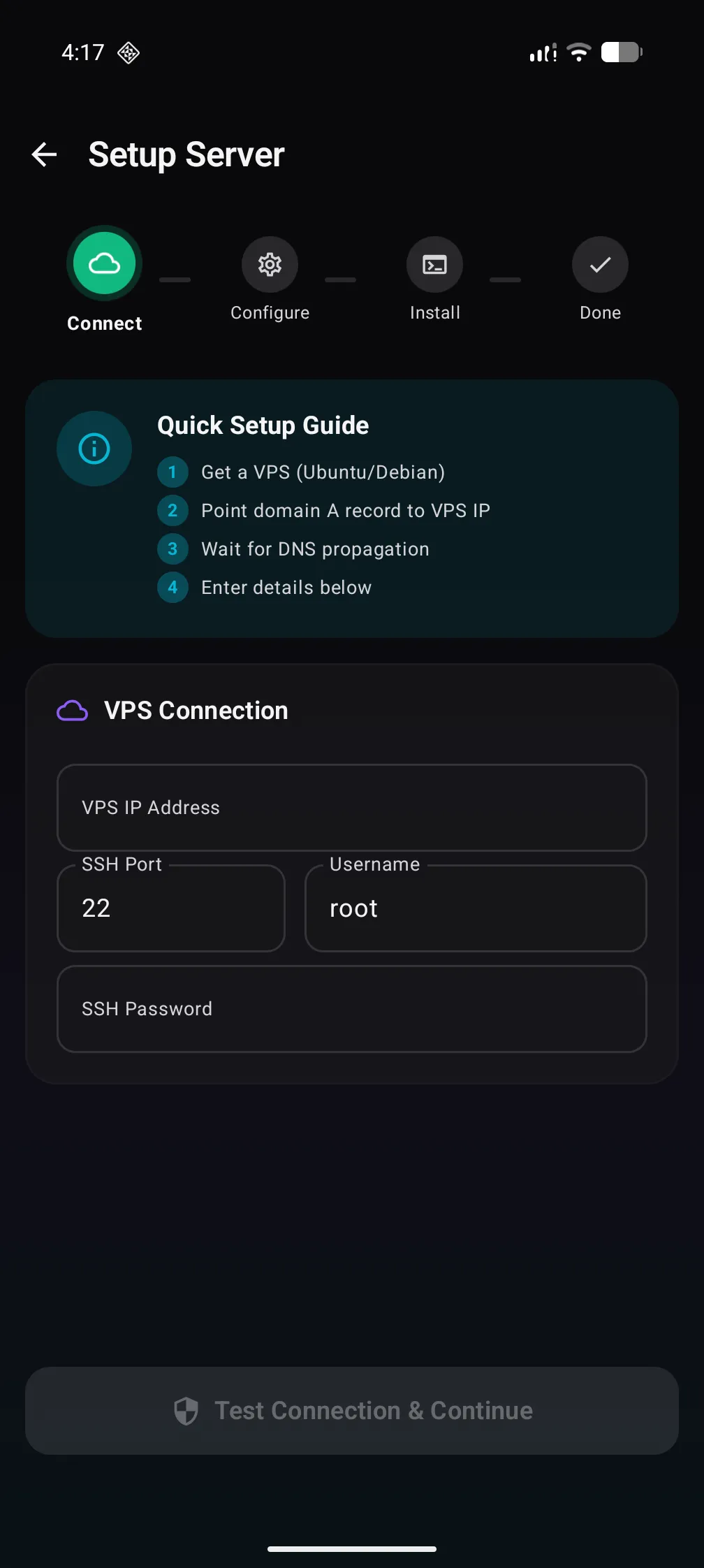 Server setup wizard