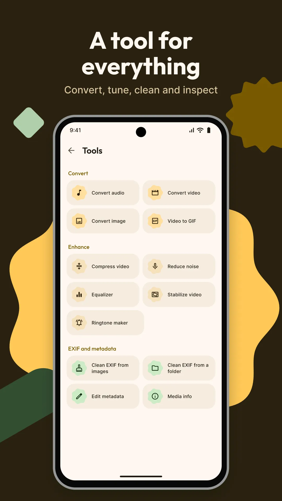 The tools screen: convert, enhance and metadata tools in one place